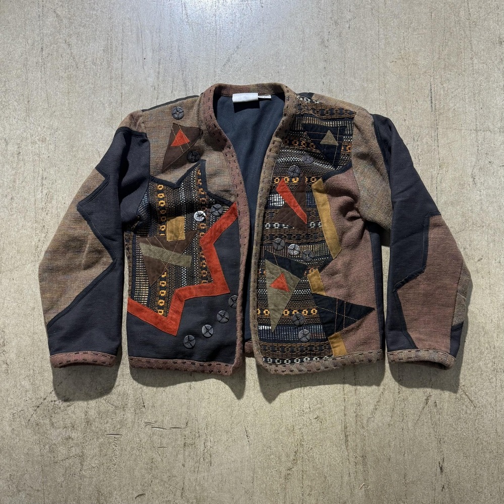 YakMagik Jacket Womens Small Brown Patchwork Embroidered Boho Lined Open Front